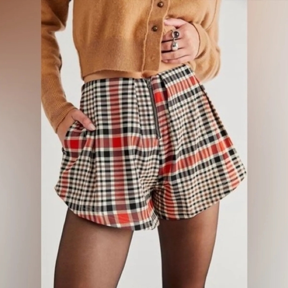 Free People Pants - NWOT Free People Mayfair Pleated Plaid Shorts Black Red Combo High Rise